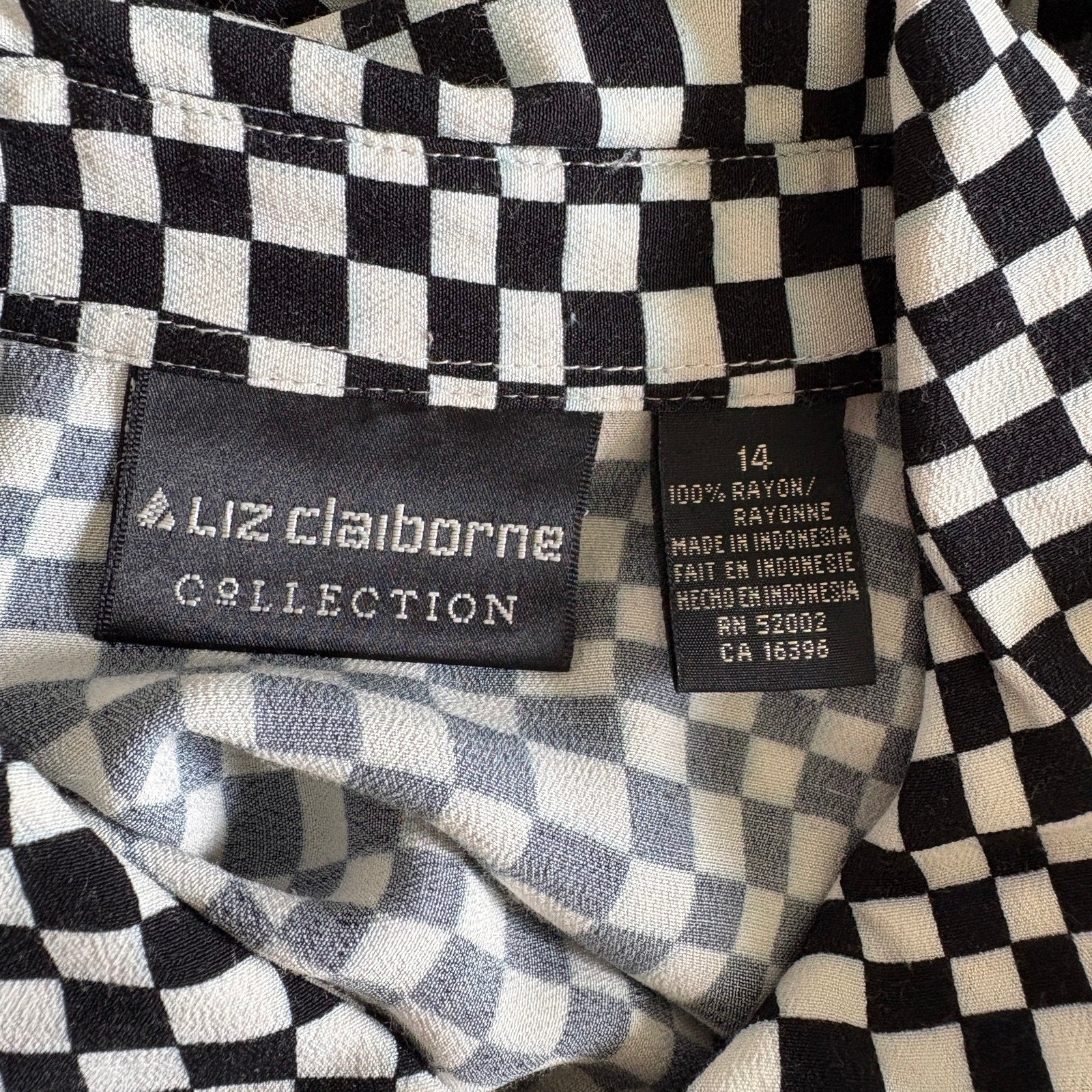 Y2K Black White Checkered Rayon Long Sleeve Button Up Shirt - Women's Size 14