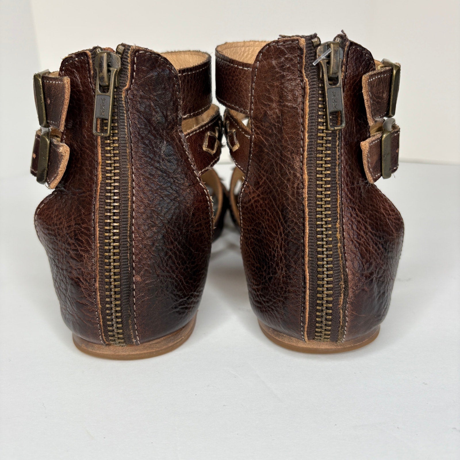 BED|STU Alena Brown Leather Fringe Zip Back Boho Gladiator Sandals - Women's 8