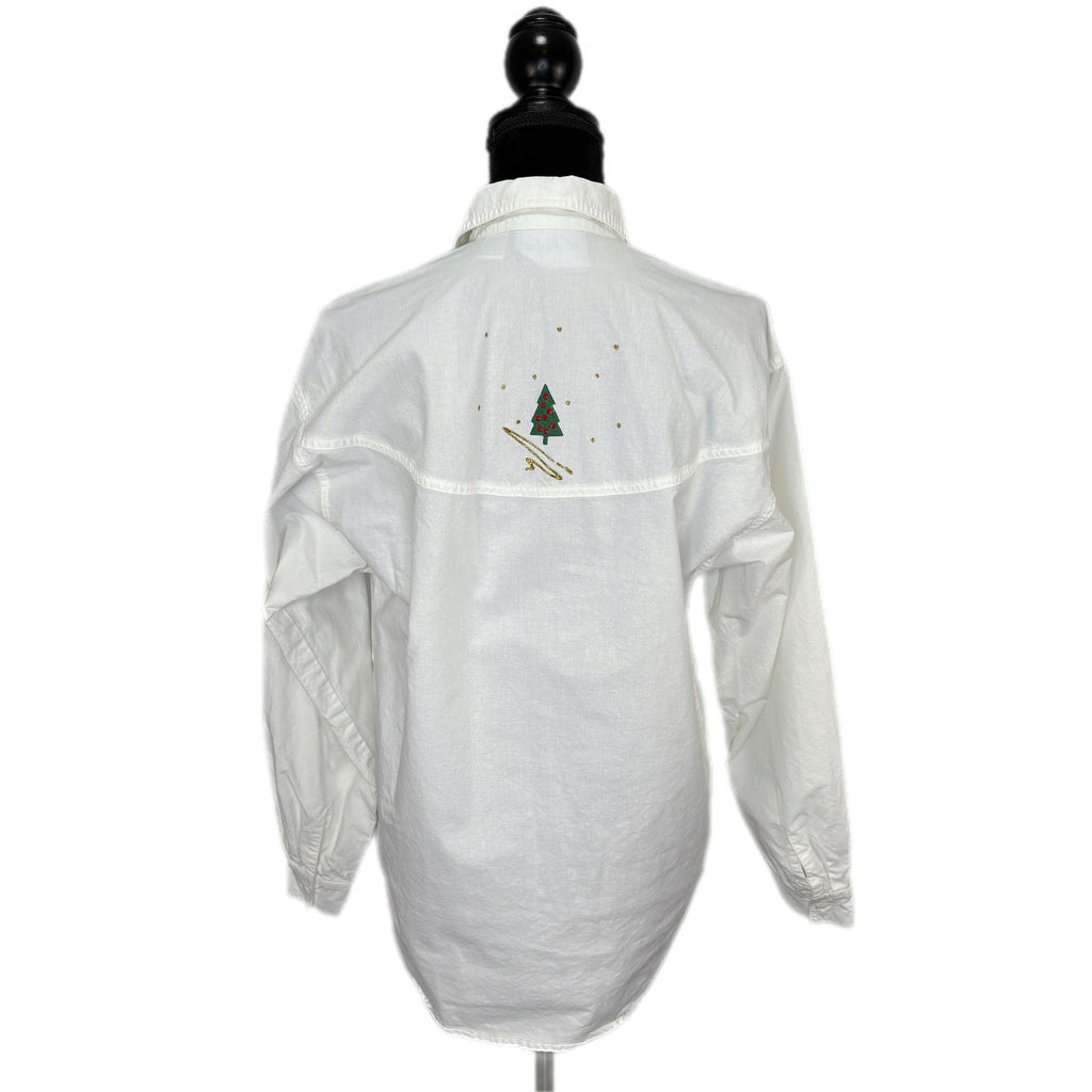 Vintage Christmas Tree Glitter Paint Button Up Shirt - Women's Size L