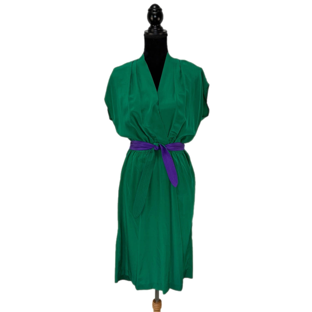 Vintage Kelly Green Silk Dress Matching Purple/Green Belt - Women's Size 12