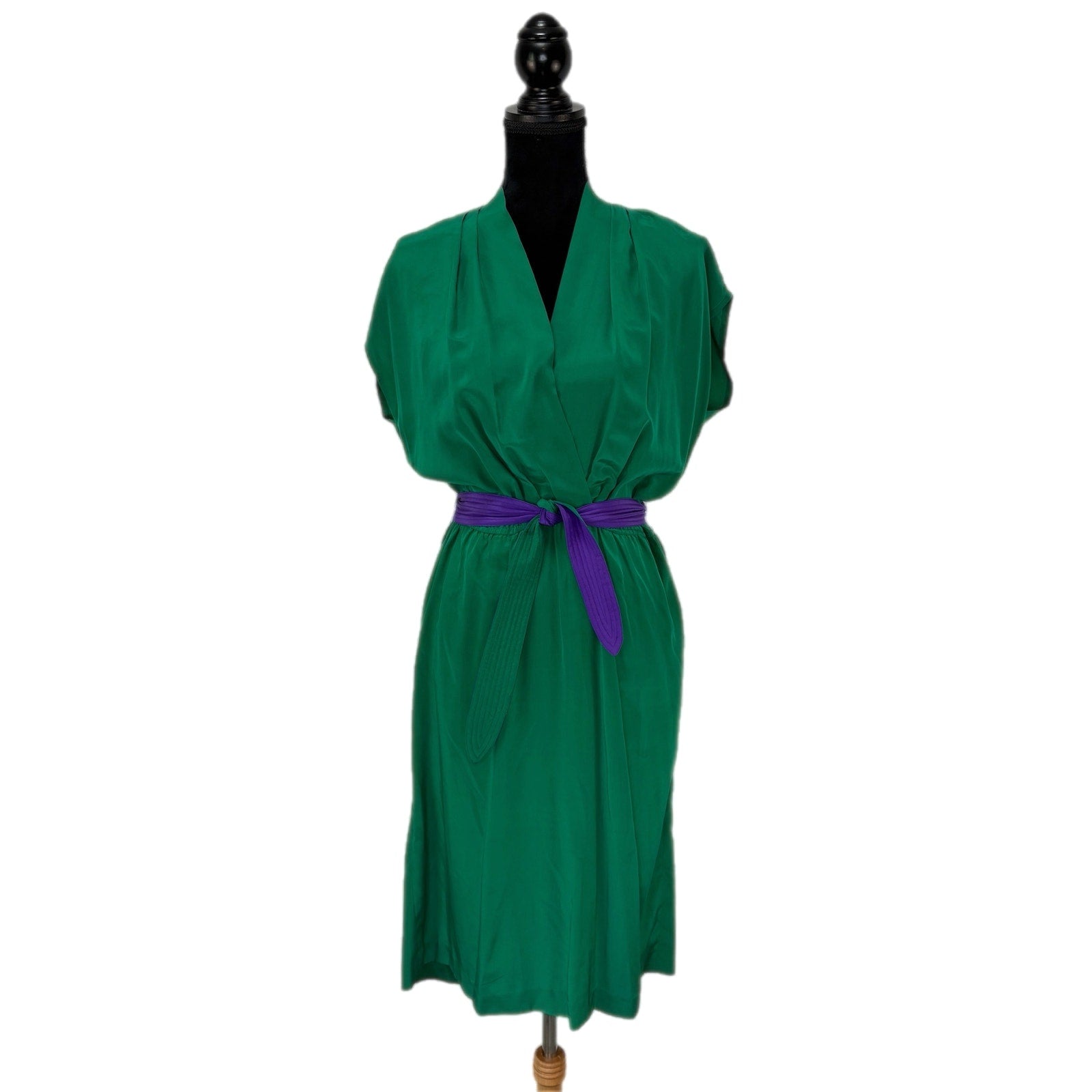 Vintage Kelly Green Silk Dress Matching Purple/Green Belt - Women's Size 12