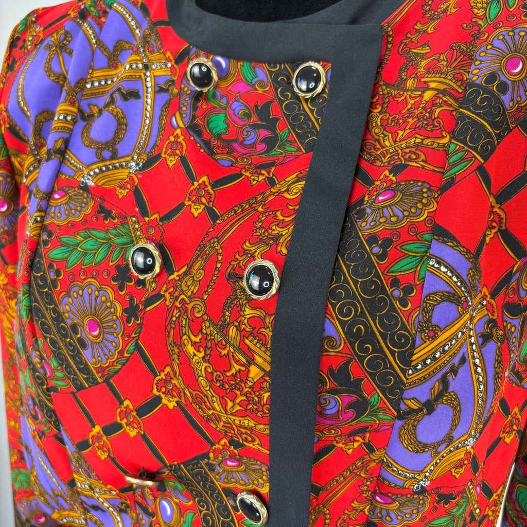 Vintage Red Gold Patterned Double Breasted Pleated Skirt Suit - Women's Size 8