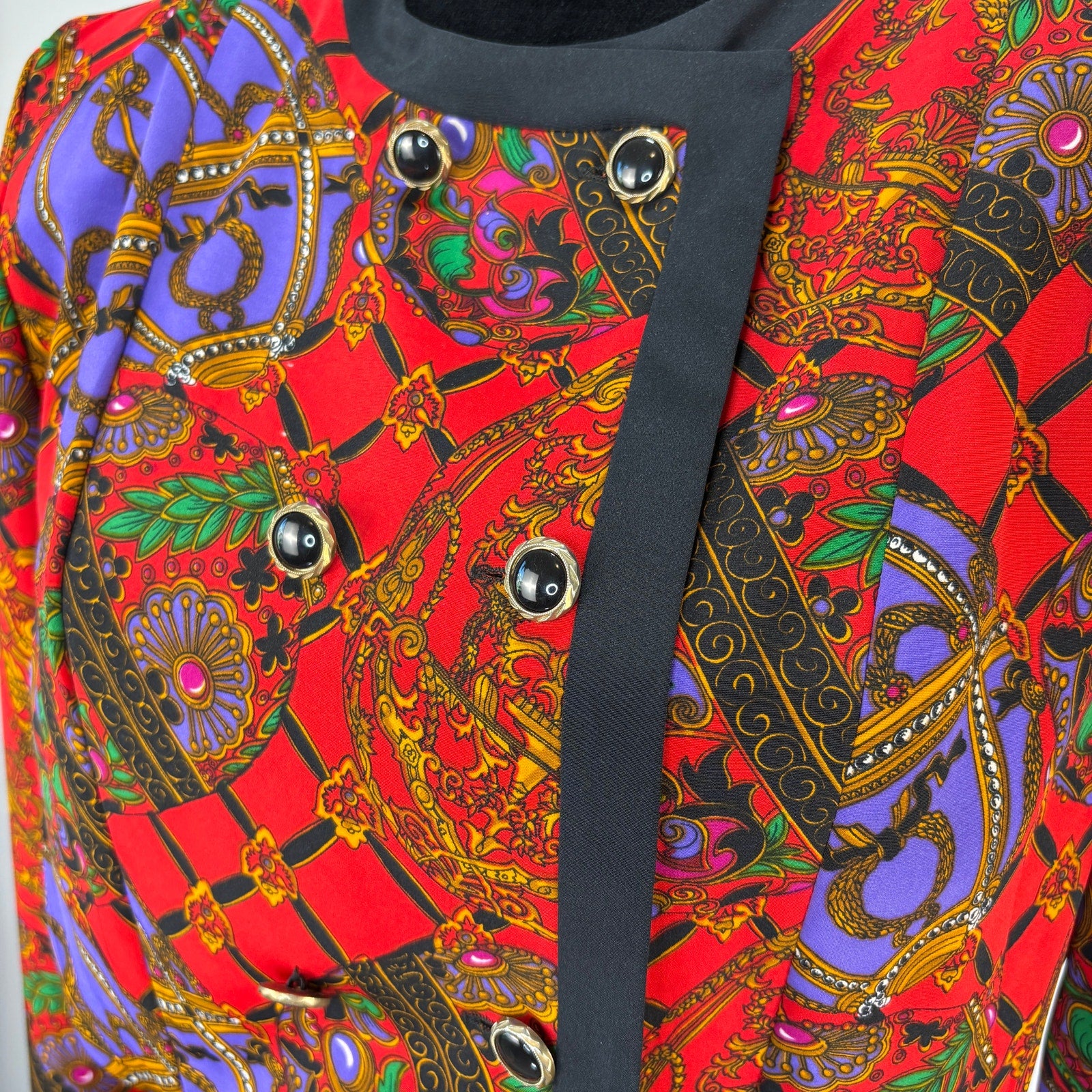 Vintage Red Gold Patterned Double Breasted Pleated Skirt Suit - Women's Size 8