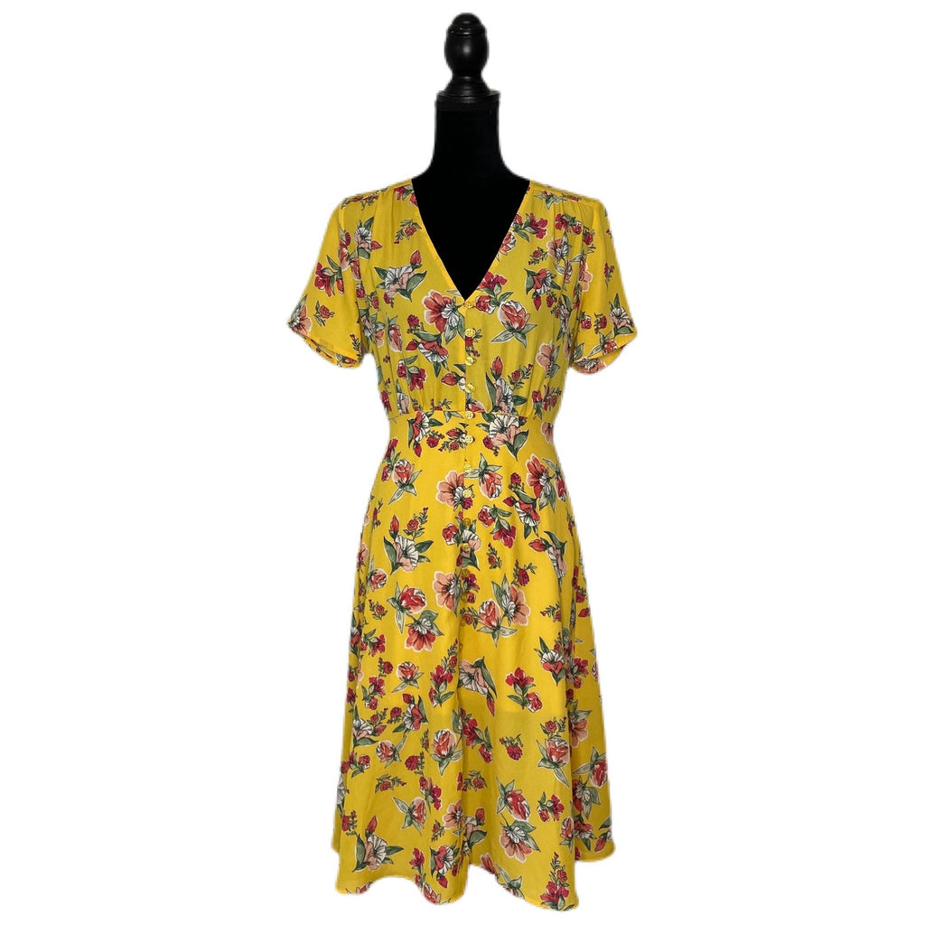 Lulus Yellow Floral Short Sleeve Midi Dress - Women's Size Small
