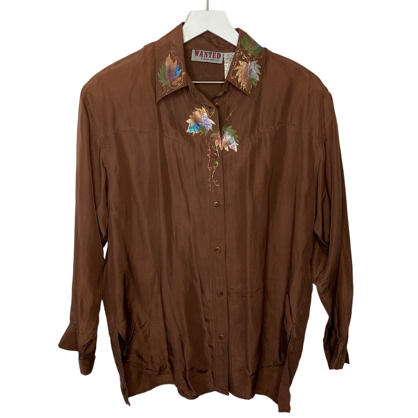 Vintage Silk Hand Decorated Leaves Western Shirt - Women's Size M