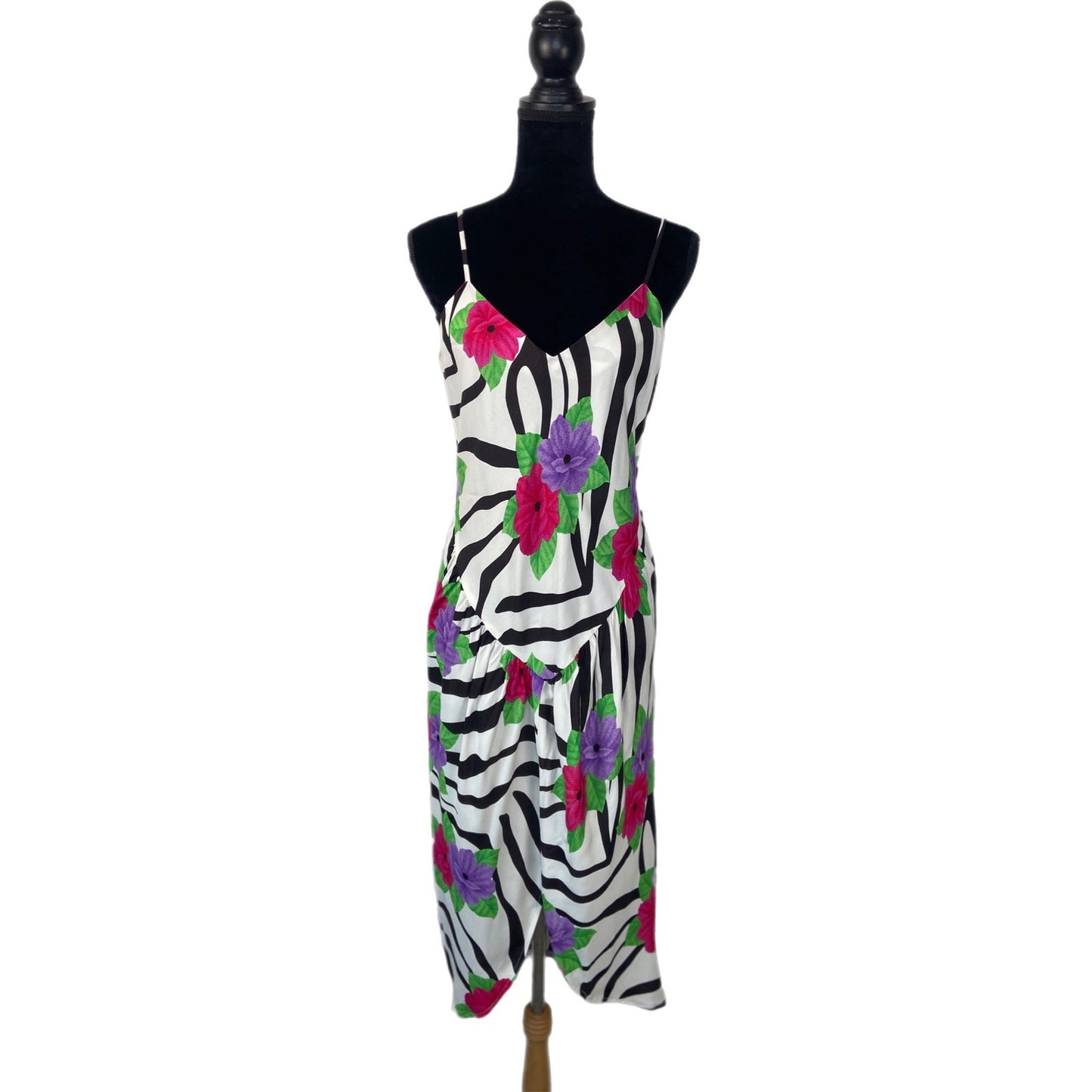 Vintage Zebra Stripe Floral 80's Vibes Slip Dress Made in USA - Women's 13