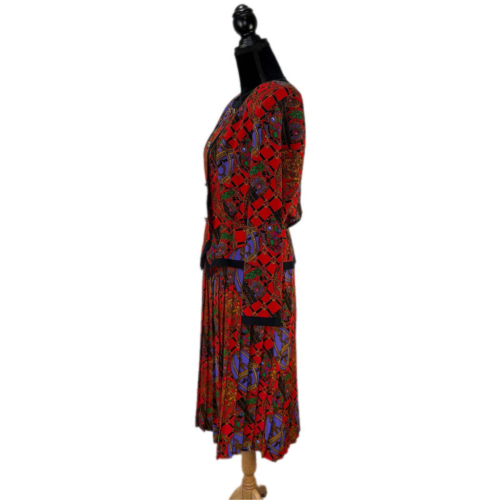 Vintage Red Gold Patterned Double Breasted Pleated Skirt Suit - Women's Size 8