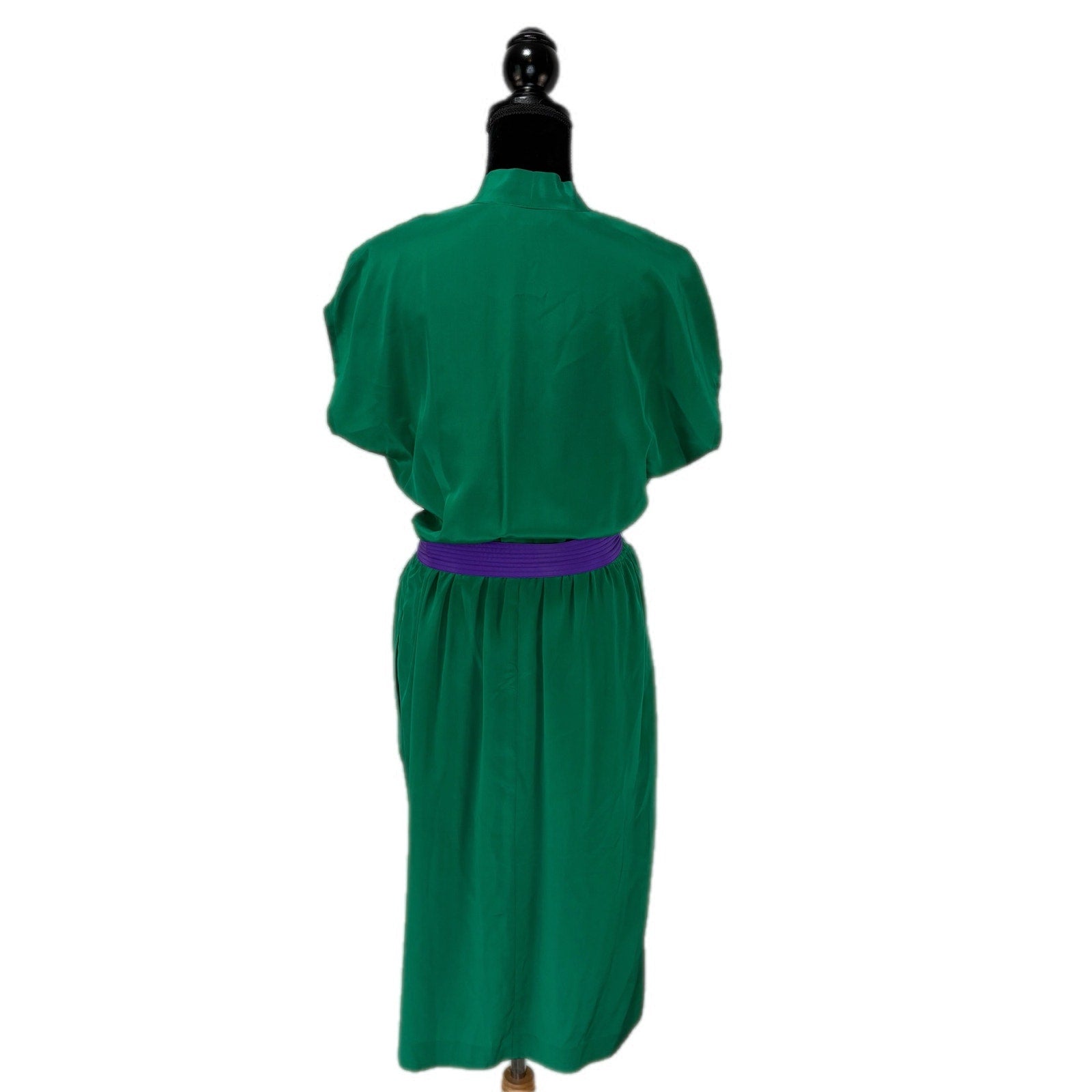 Vintage Kelly Green Silk Dress Matching Purple/Green Belt - Women's Size 12