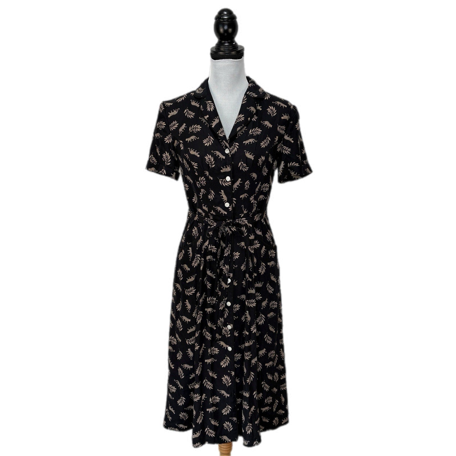 HVN Maria Silk Leaf Print Leopard Short Sleeve Shirt Dress - Women's Size 8