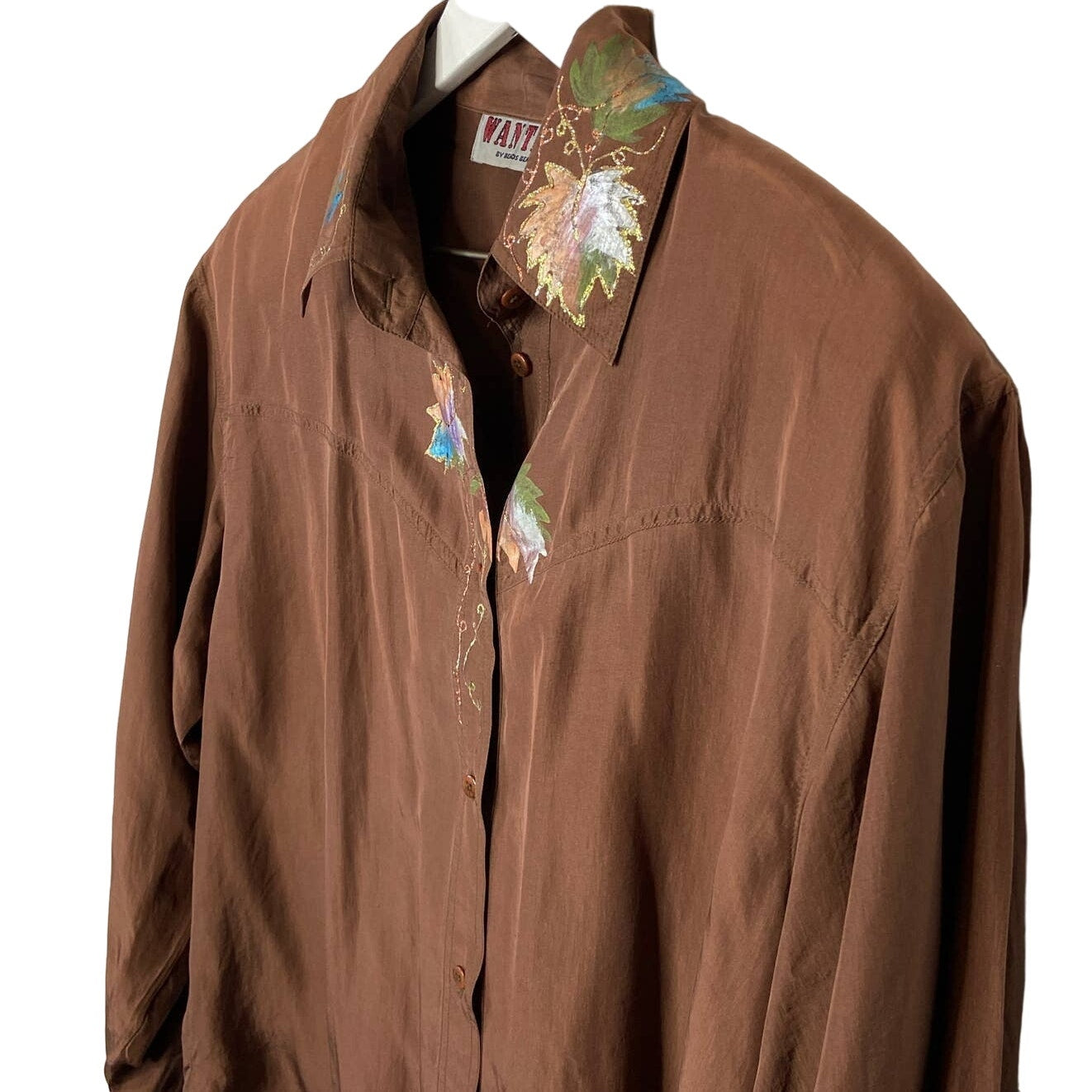 Vintage Silk Hand Decorated Leaves Western Shirt - Women's Size M