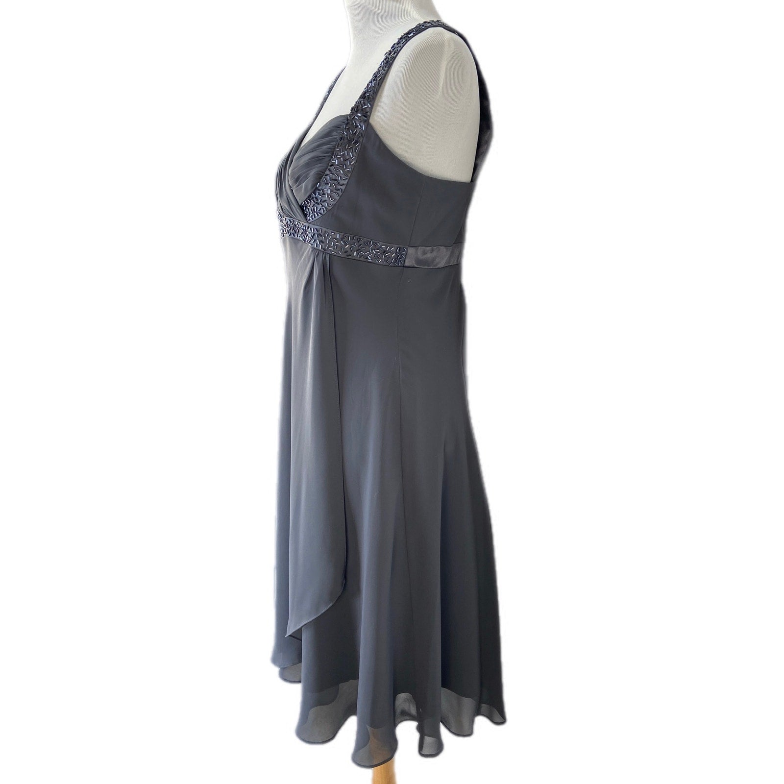 Y2K Dark Gray Beaded Trim Empire Waist Chiffon Dress - Women's Size 16 Threaded Social Club Y2K Dark Gray Beaded Trim Empire Waist Chiffon Dress - Women's Size 16 Threaded Social Club