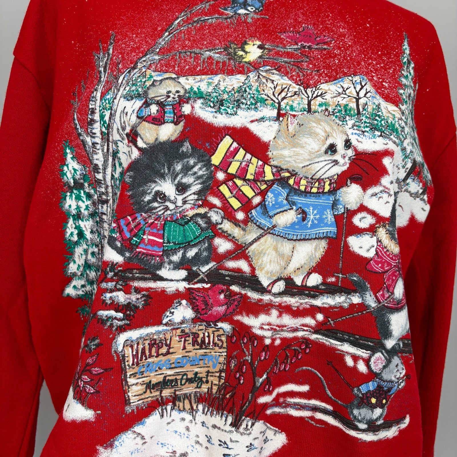 Vintage Cute Kittens Snow Skiing USA Made Mock Neck Sweatshirt - Women's Size S