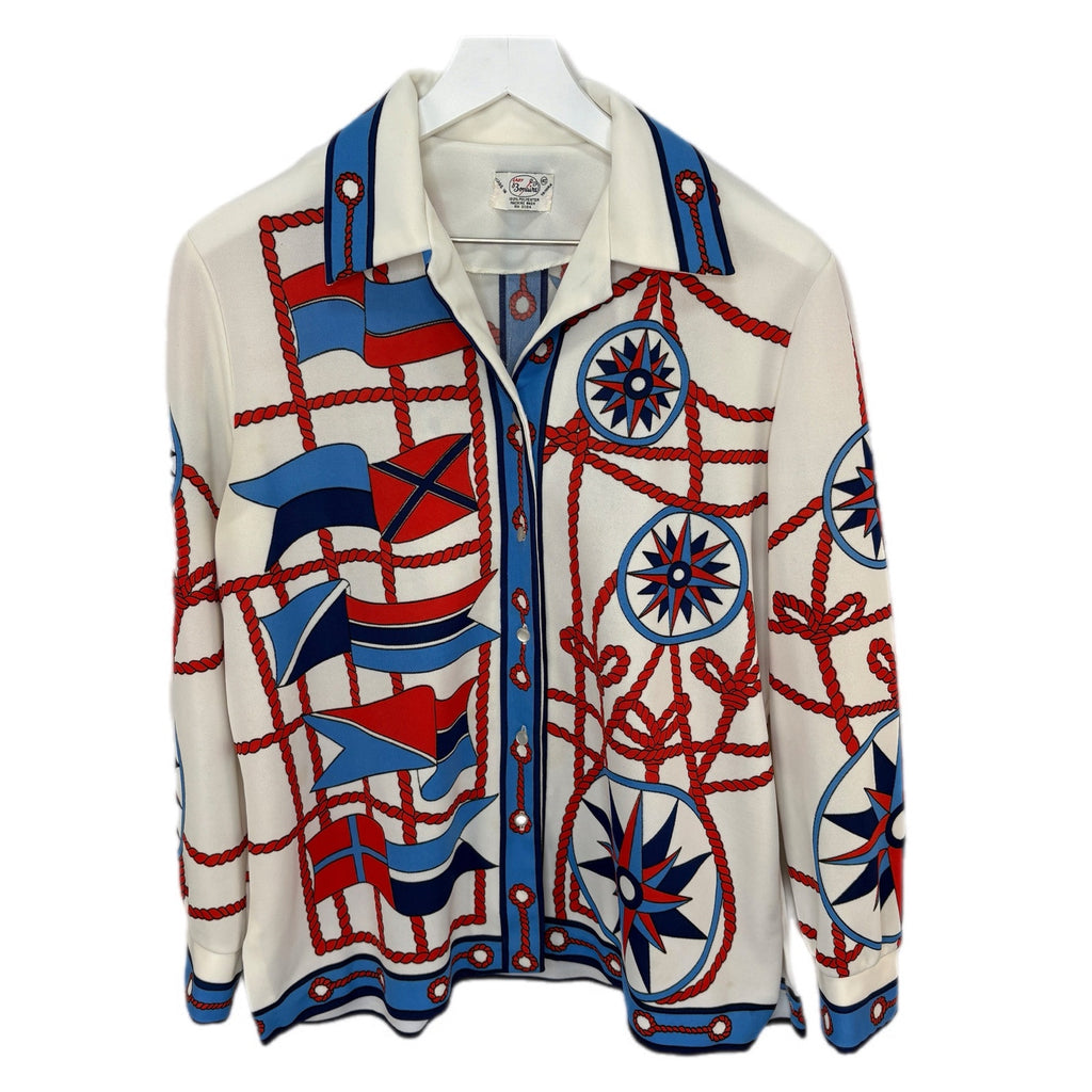 Vintage 70's Nautical Patterned Long Sleeve Button Up Shirt - Women's Size L
