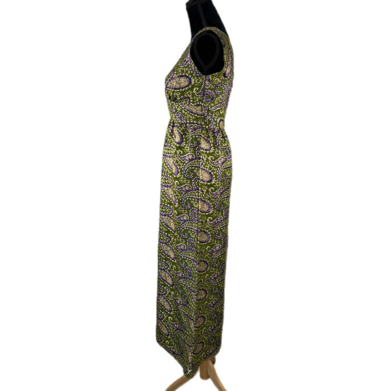 Vintage 60s Malihini Green Gold Embroidered Long Sleeveless Dress - Women's 8