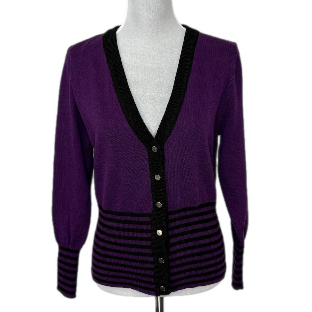 Emo Revival 2010s Purple Black Stripe Cardigan - Women's Size L