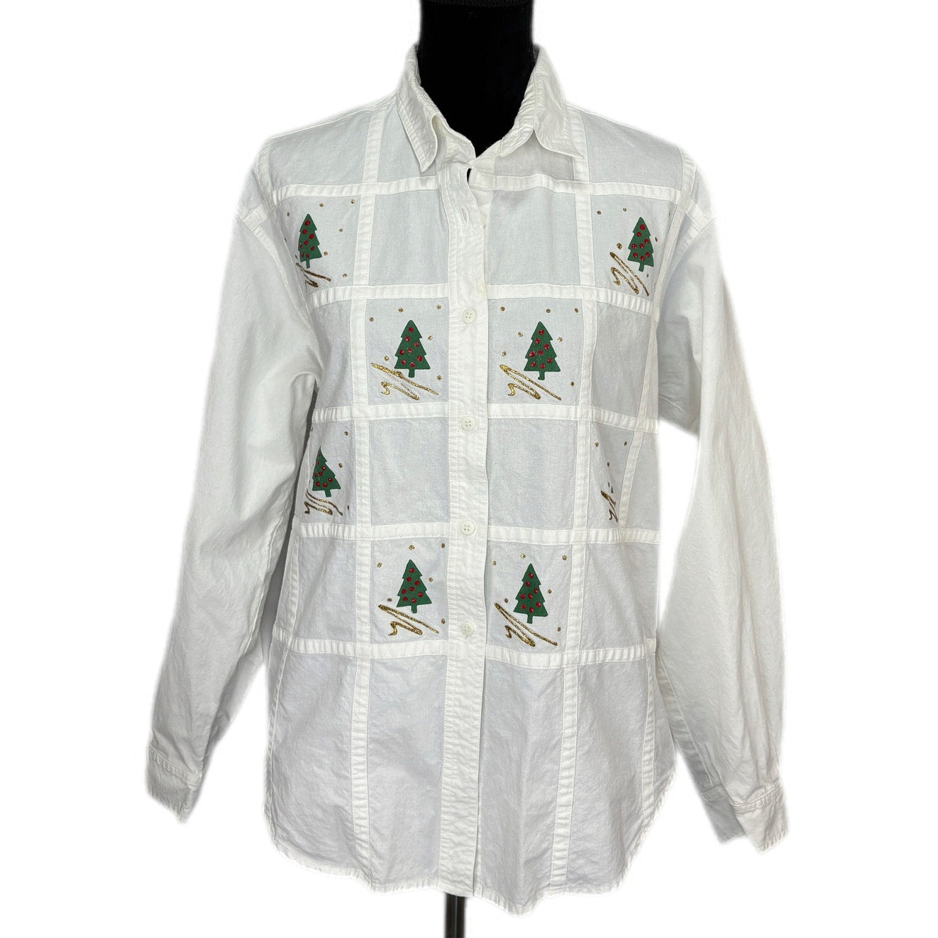 Vintage Christmas Tree Glitter Paint Button Up Shirt - Women's Size L