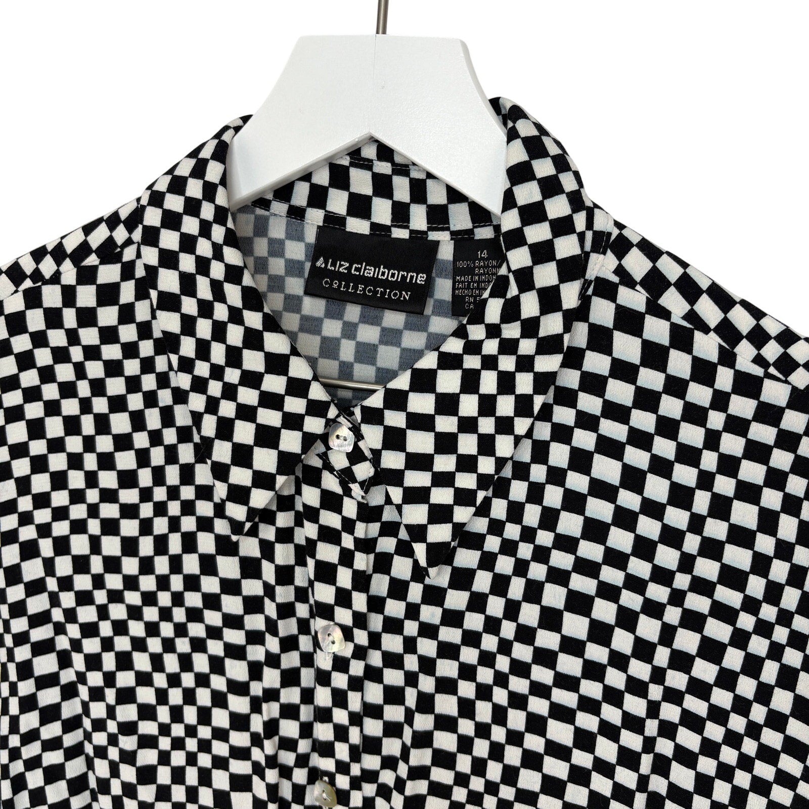 Y2K Black White Checkered Rayon Long Sleeve Button Up Shirt - Women's Size 14