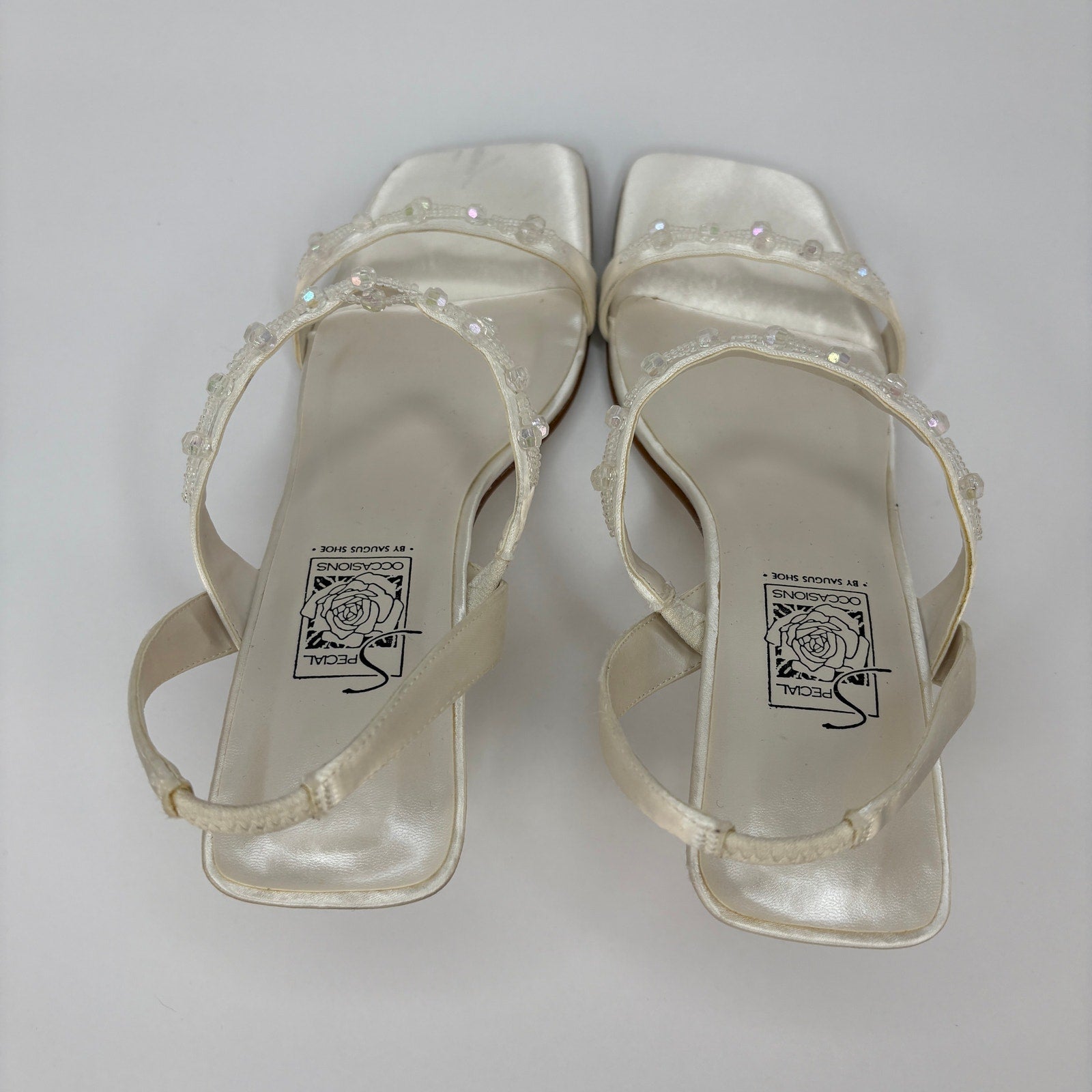 Y2K Vintage White Beaded Square Toe Acrylic Heel Sandals - Women's Size 7.5
