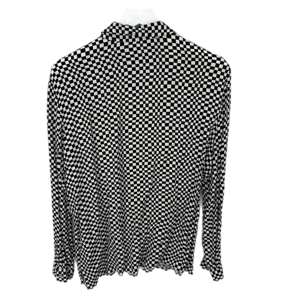 Y2K Black White Checkered Rayon Long Sleeve Button Up Shirt - Women's Size 14