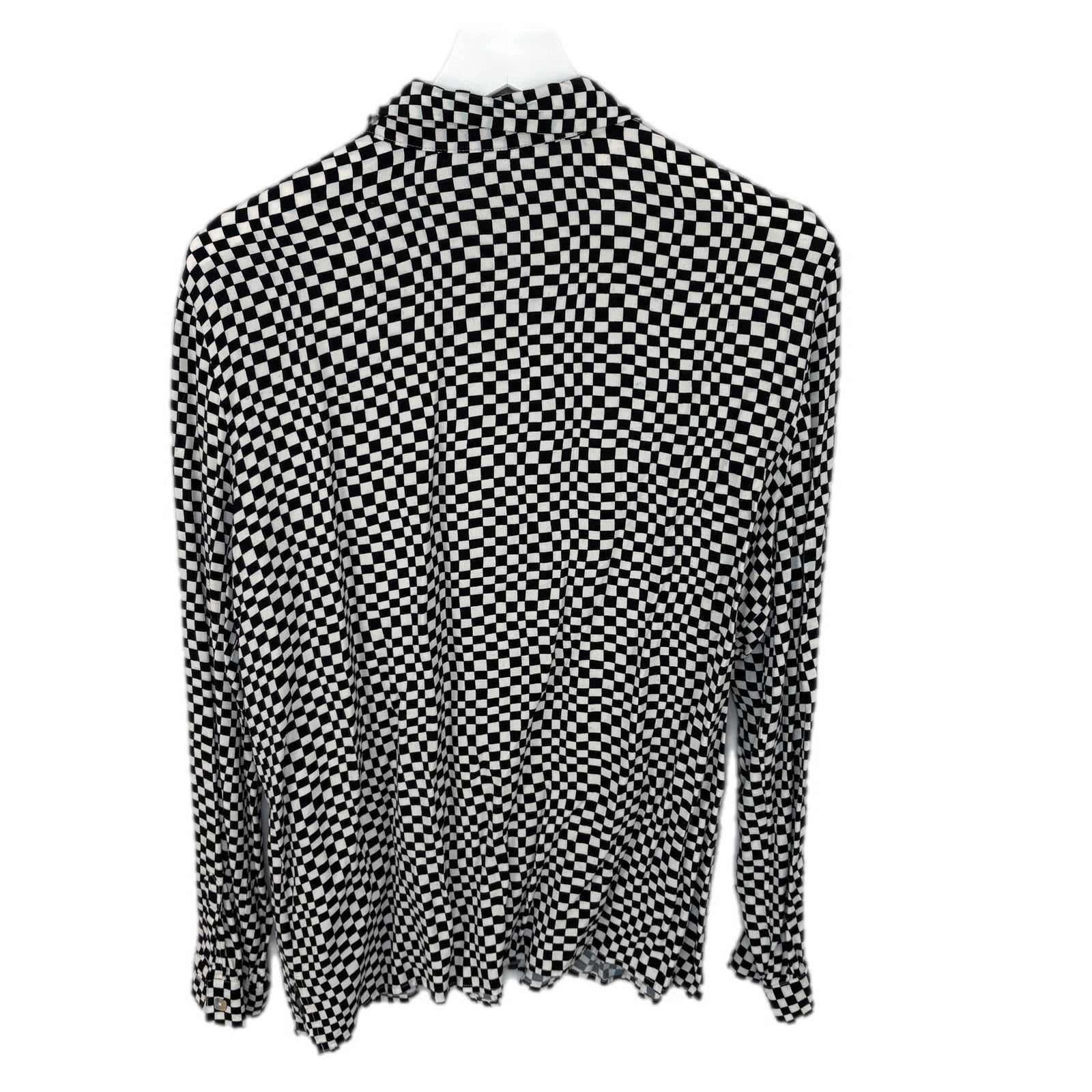 Y2K Black White Checkered Rayon Long Sleeve Button Up Shirt - Women's Size 14
