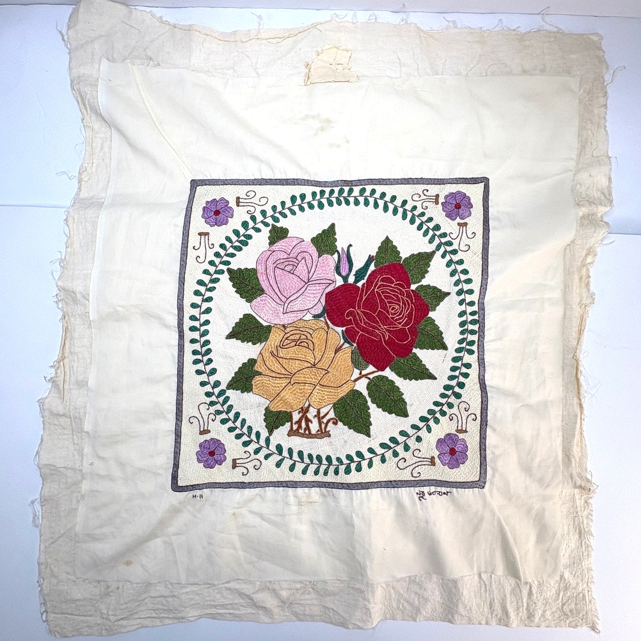 Vintage Hand Stitched Floral Tapestry