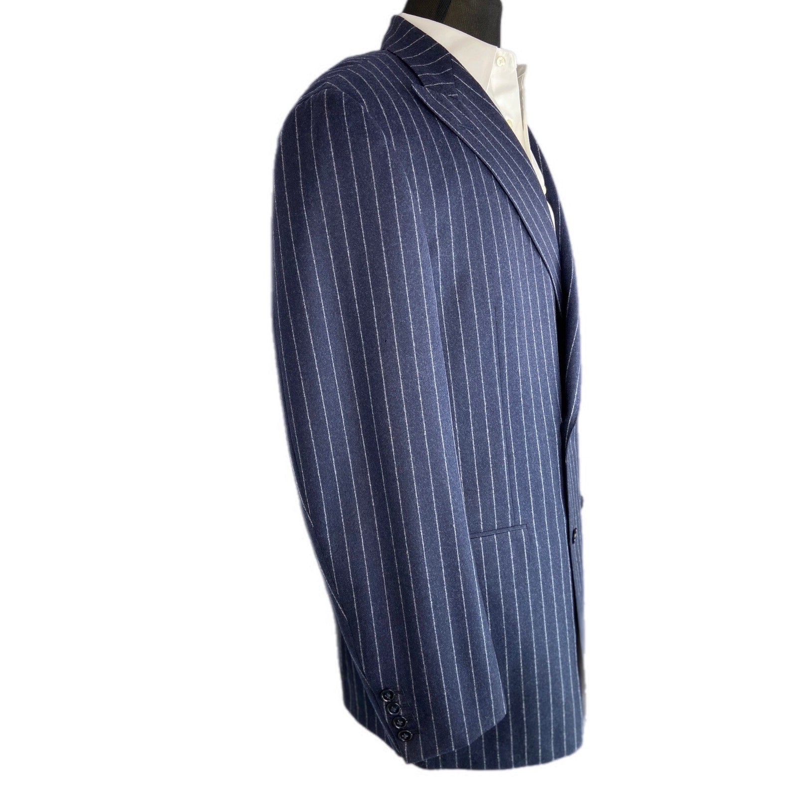 Carl Sterr Blue Pinstripe Wide Peak Collar Double Breasted Jacket - Men's 43XL