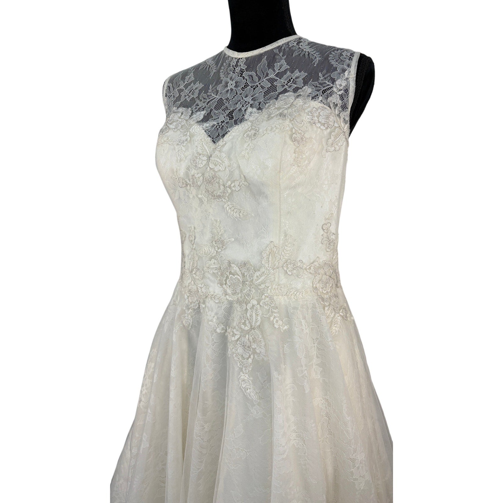 Alfred Angelo Tea Length Ivory Lace Sleeveless Wedding Dress - Women's Size 16