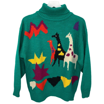 Vintage 90's Colorful Llamas Oversized Turtleneck Sweater - Women's Size M