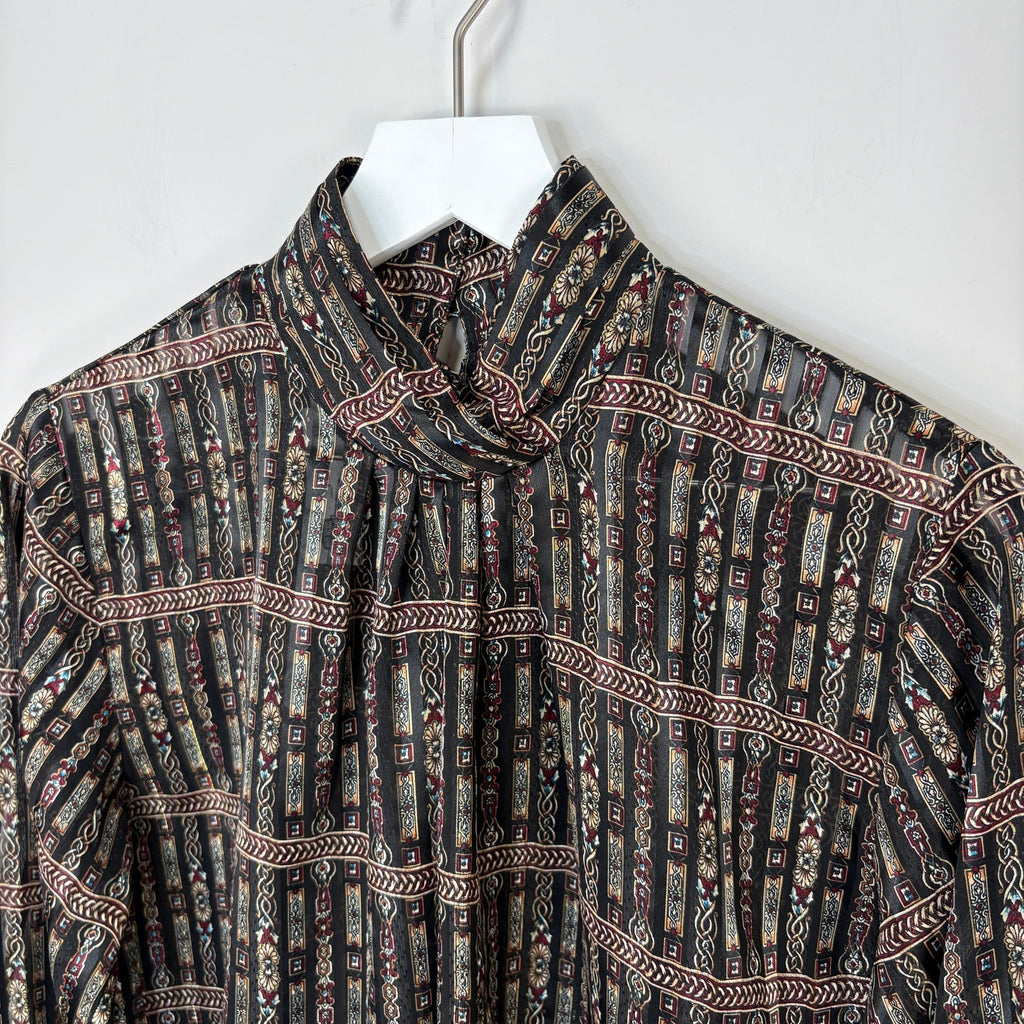 Vintage Mock Neck Mixed Pattern Stripe Sheer Blouse - Women's Size M