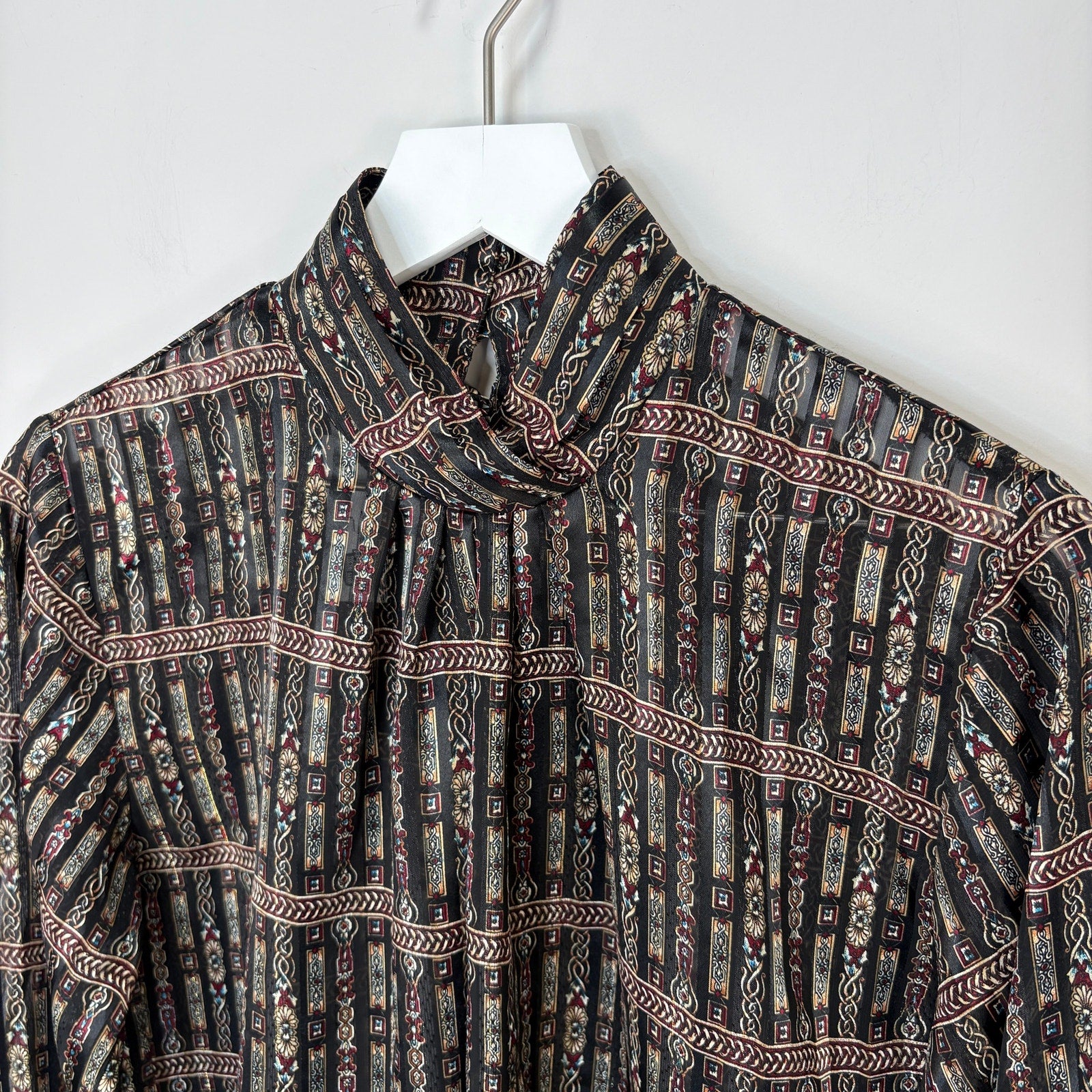 Vintage Mock Neck Mixed Pattern Stripe Sheer Blouse - Women's Size M