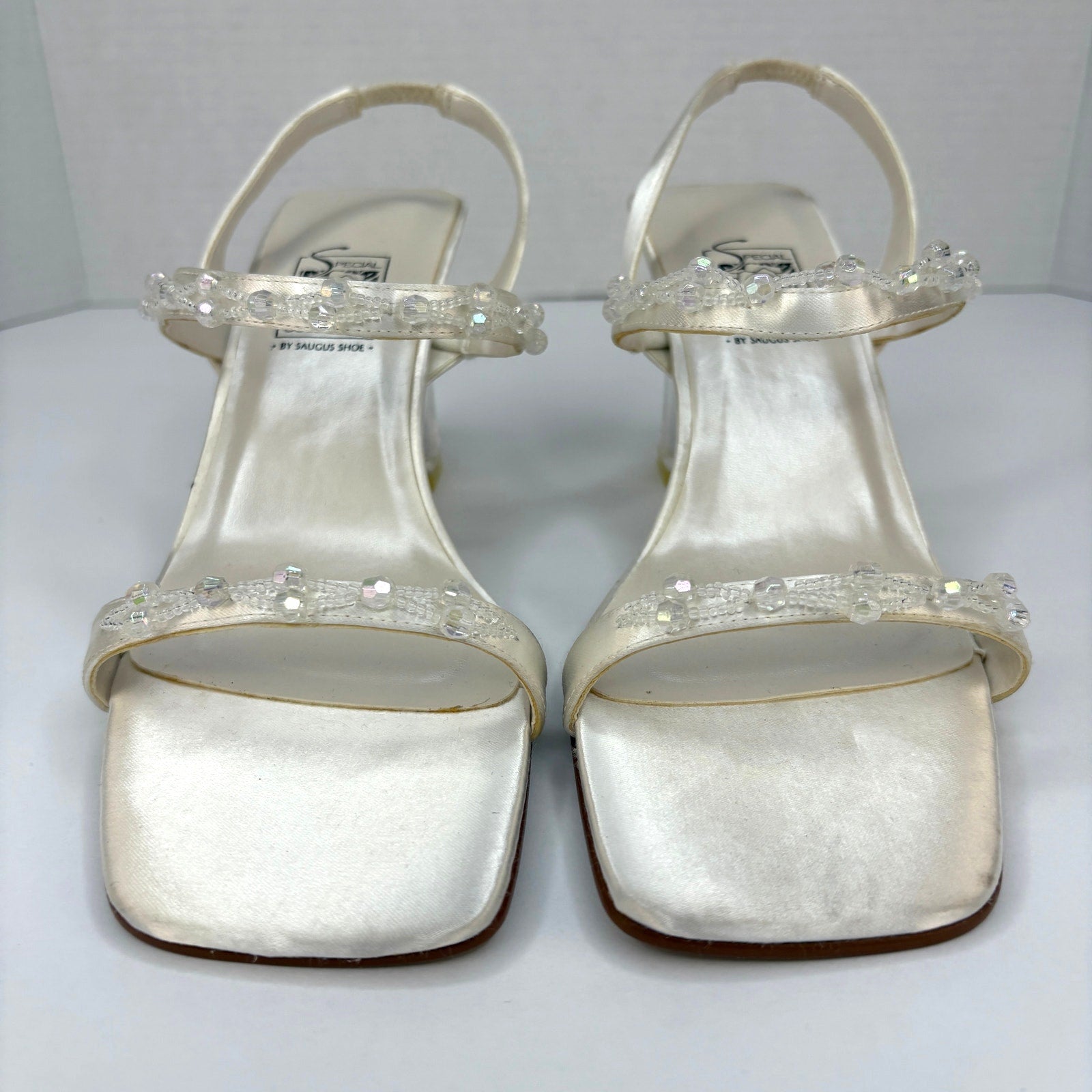 Y2K Vintage White Beaded Square Toe Acrylic Heel Sandals - Women's Size 7.5