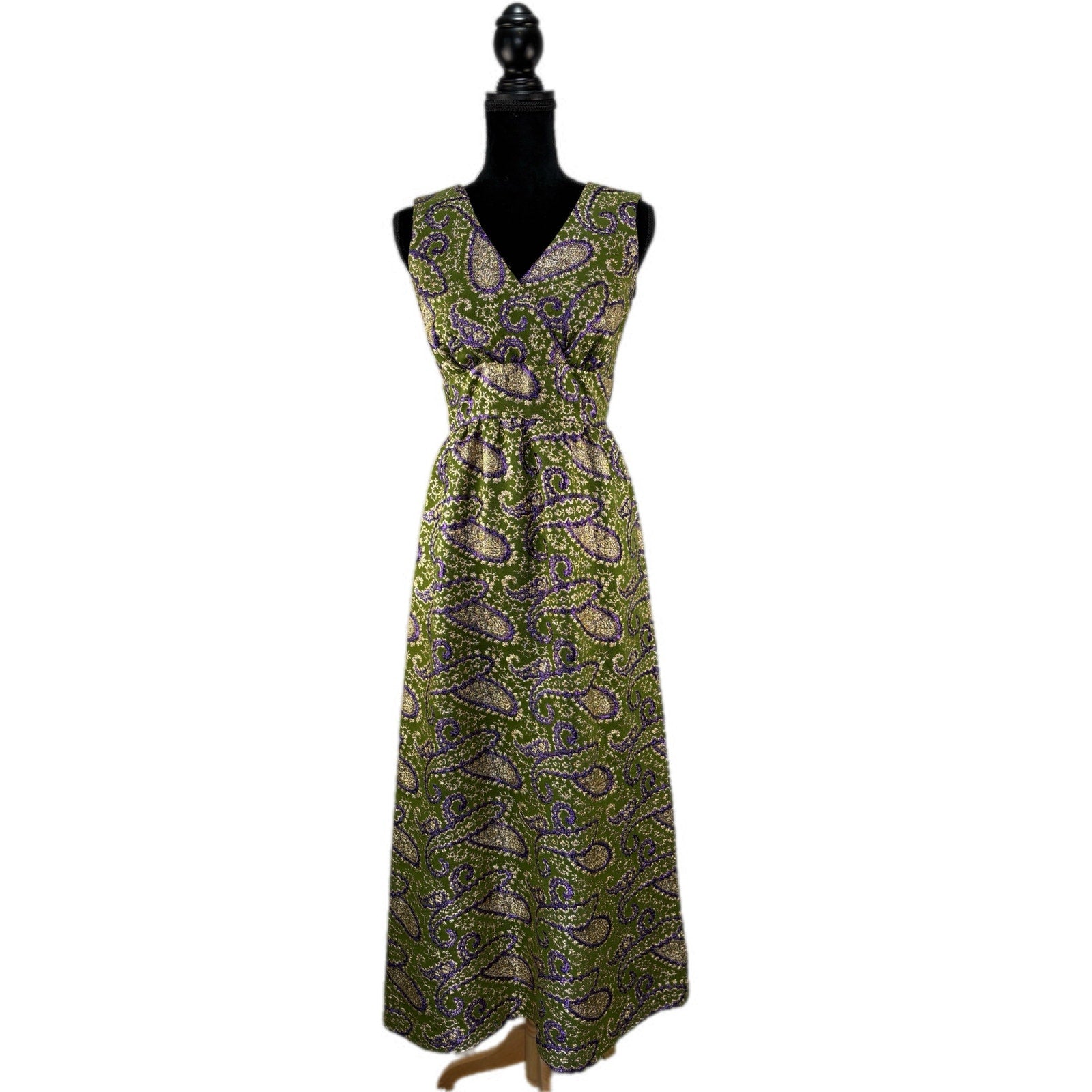 Vintage 60s Malihini Green Gold Embroidered Long Sleeveless Dress - Women's 8