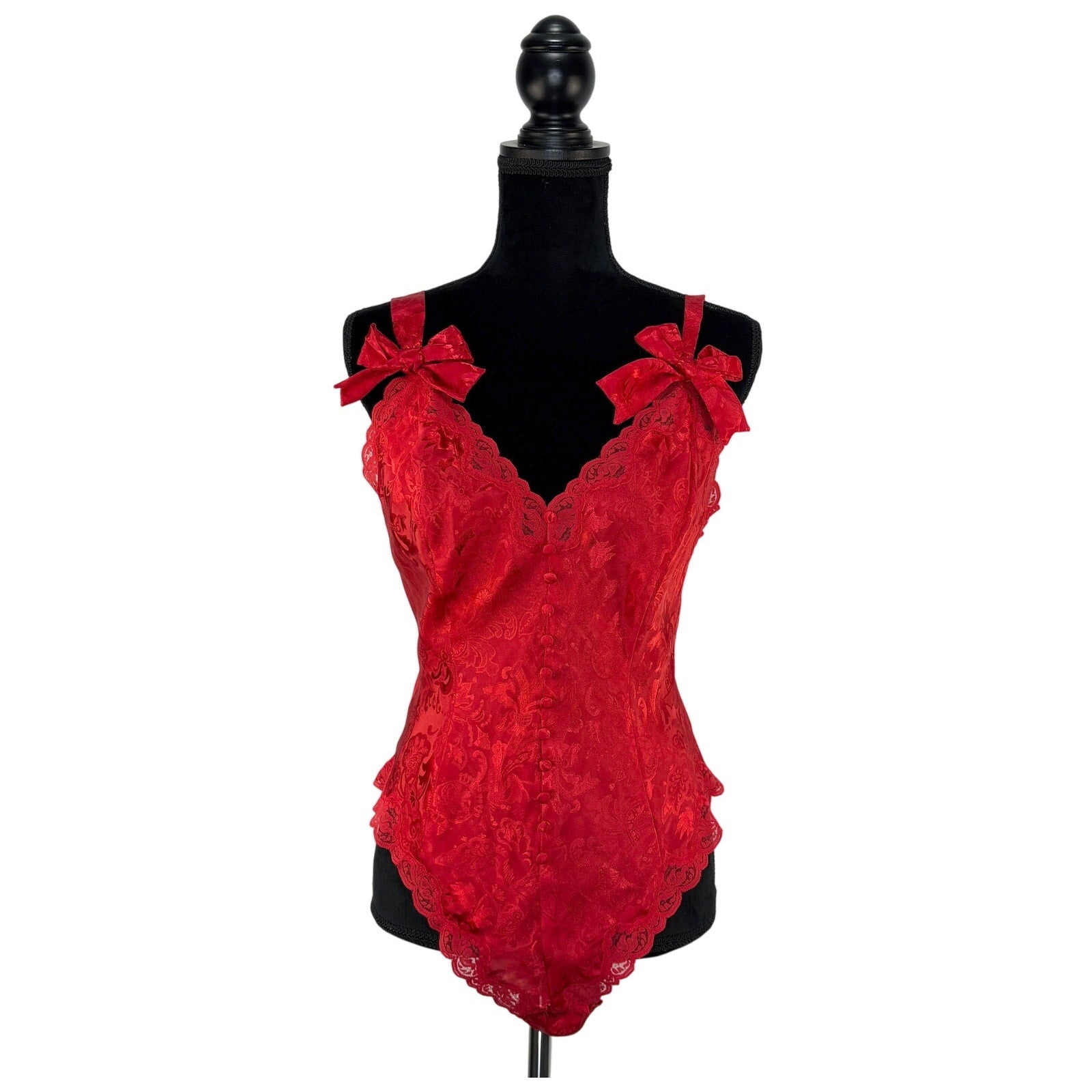 Vintage Victoria's Secret Red Damask Lace Detail Bows Teddy - Women's Size M
