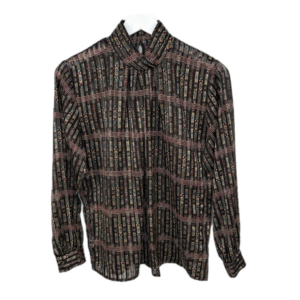 Vintage Mock Neck Mixed Pattern Stripe Sheer Blouse - Women's Size M