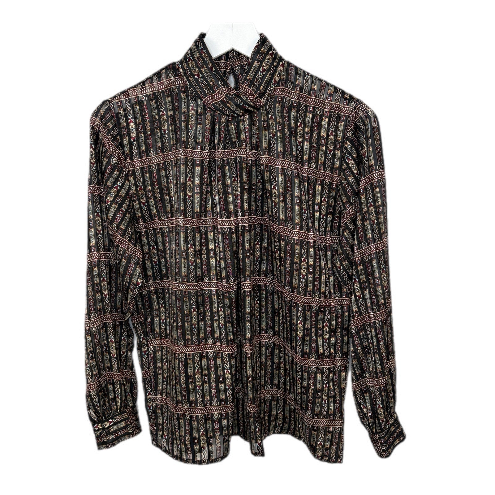 Vintage Mock Neck Mixed Pattern Stripe Sheer Blouse - Women's Size M