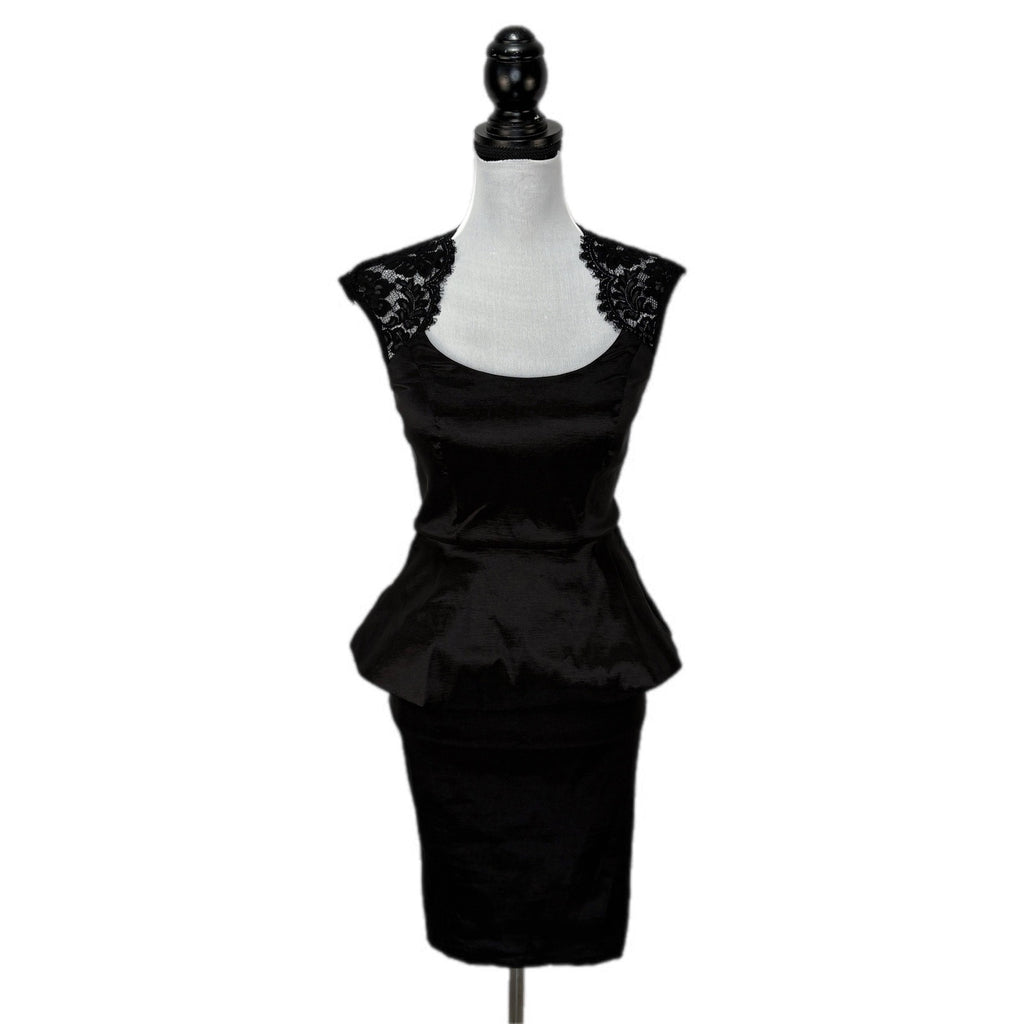 Vintage Black Peplum Pencil Dress Lace Detail - Women's Size 4