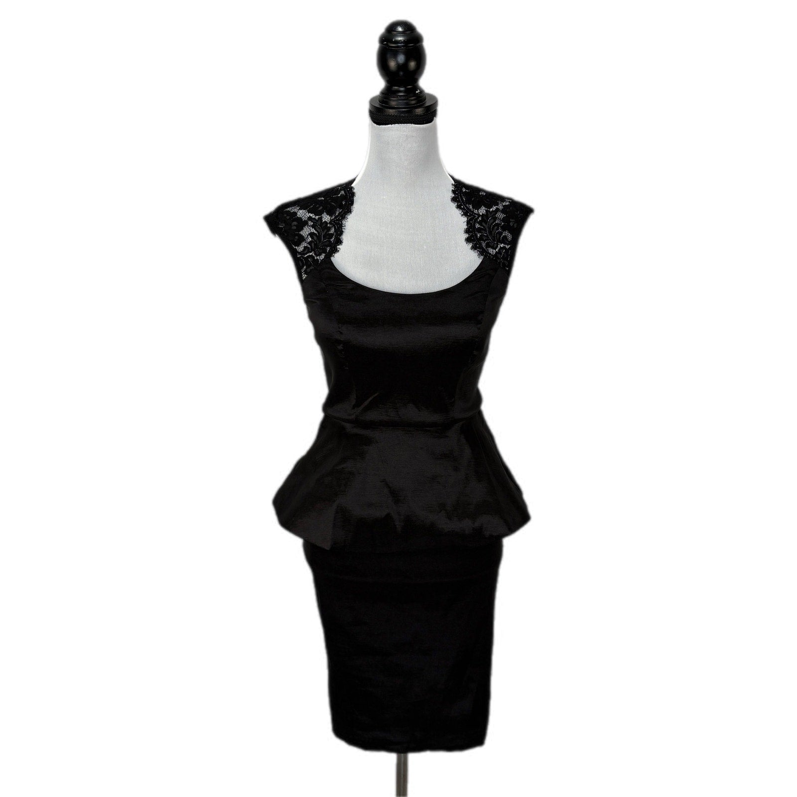 Vintage Black Peplum Pencil Dress Lace Detail - Women's Size 4