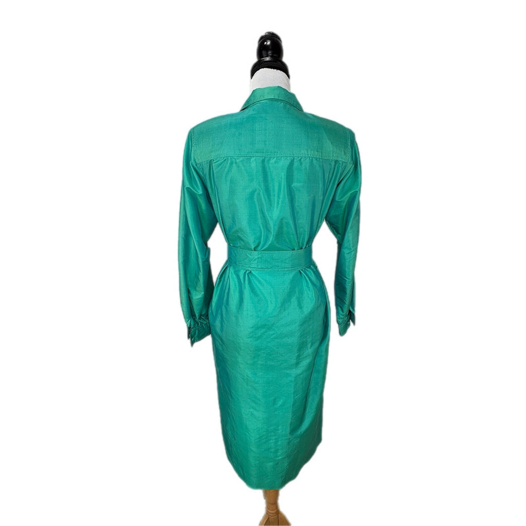 Bogies Thai Silk Green Shirt Dress Matching Belt - Women's Size Small