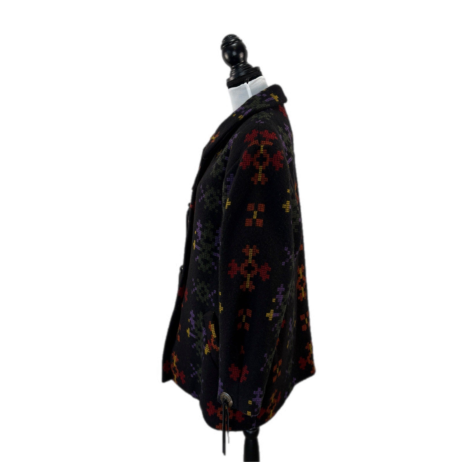 American Vintage Wool Blend Southwest Pattern Fringe Button Coat - Women's 14