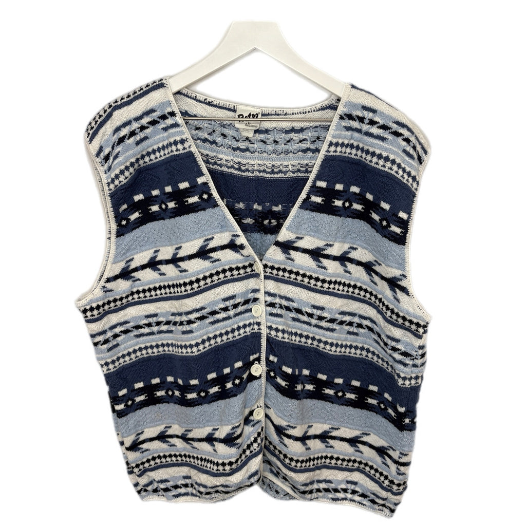 Retro Blue Striped Sweater Vest Cardigan - Women's Size XXL