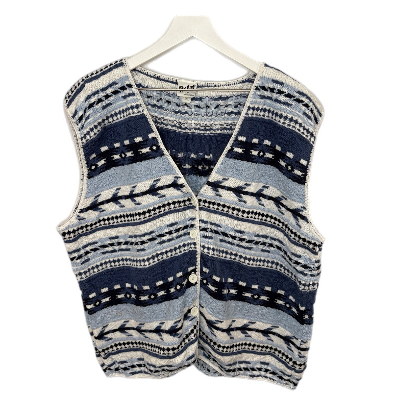 Retro Blue Striped Sweater Vest Cardigan - Women's Size XXL