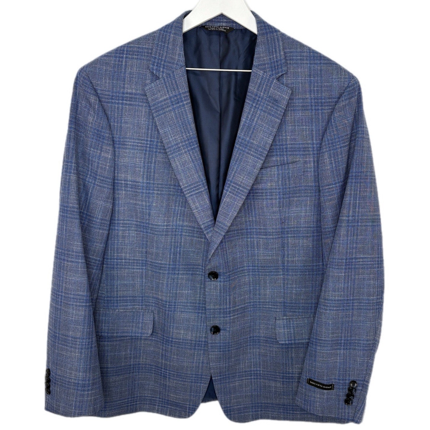 Saks Fifth Avenue Blue Plaid Sport Coat 2 Button Suit Jacket - Men's 44R