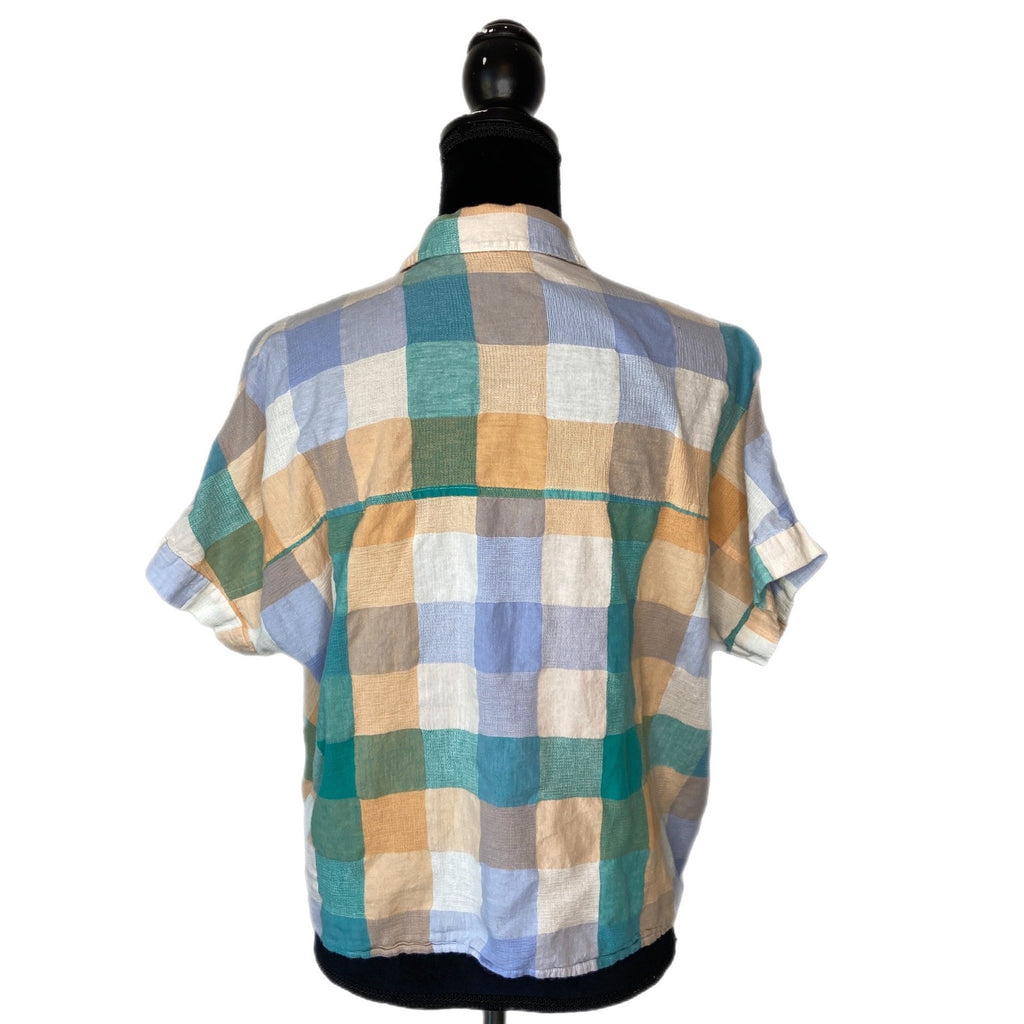 Madewell Cotton Linen Blend Crop Tie Front Plaid Shirt - Women's Size M