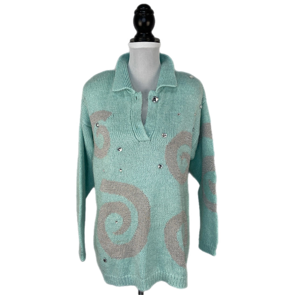 Vintage Mint Green Silver Swirls Bejeweled Collared Sweater - Women's Size M