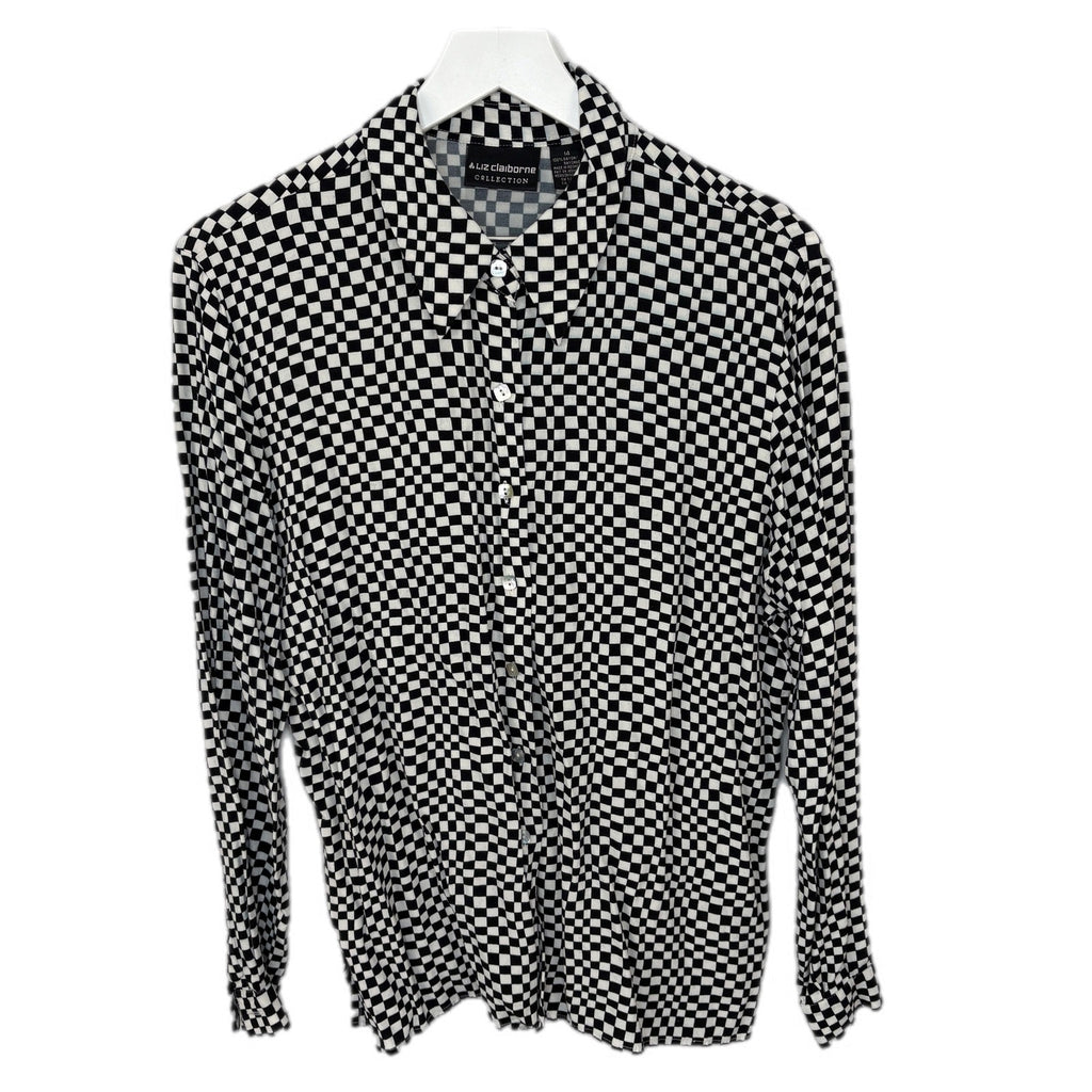 Y2K Black White Checkered Rayon Long Sleeve Button Up Shirt - Women's Size 14