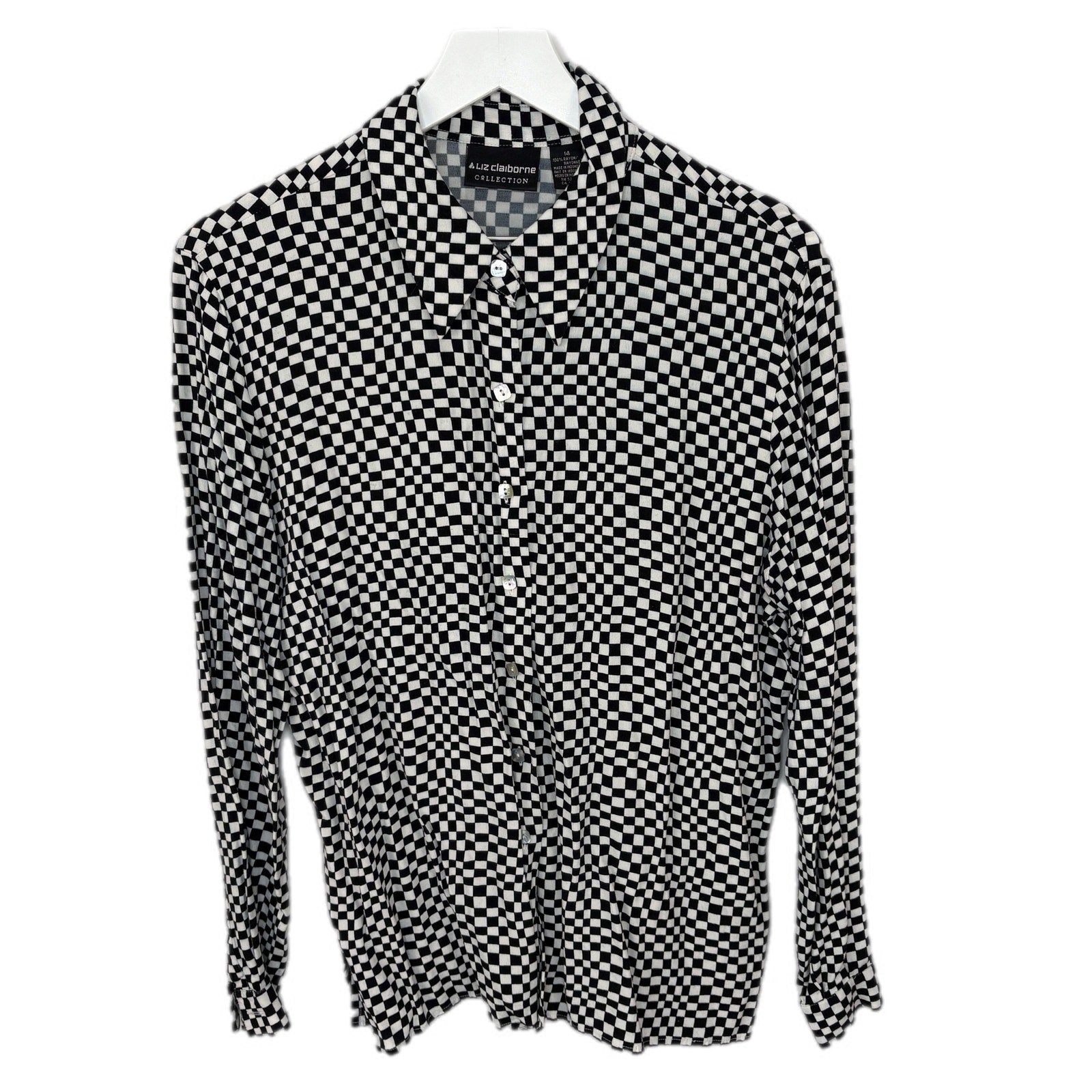 Y2K Black White Checkered Rayon Long Sleeve Button Up Shirt - Women's Size 14