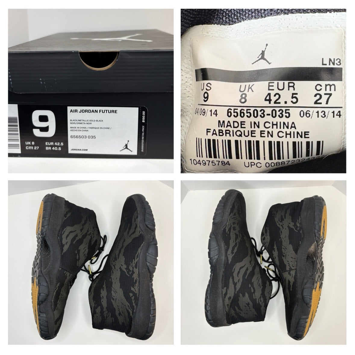 Jordan Future Black Metallic Gold Tiger Camo 656503 035 - Men's Size 9