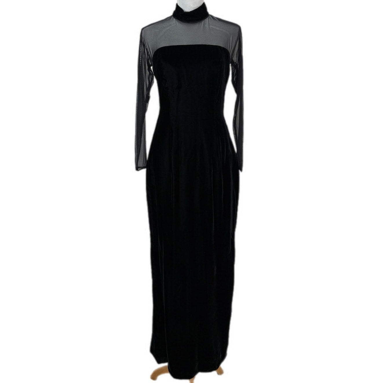 Vintage Black Velvet Sheer Long Sleeve Formal Dress - Women's Size 10