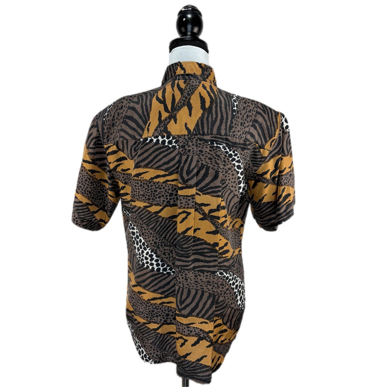 Vintage Silk Mixed Animal Print Short Sleeve Button Up Shirt - Women's Size L