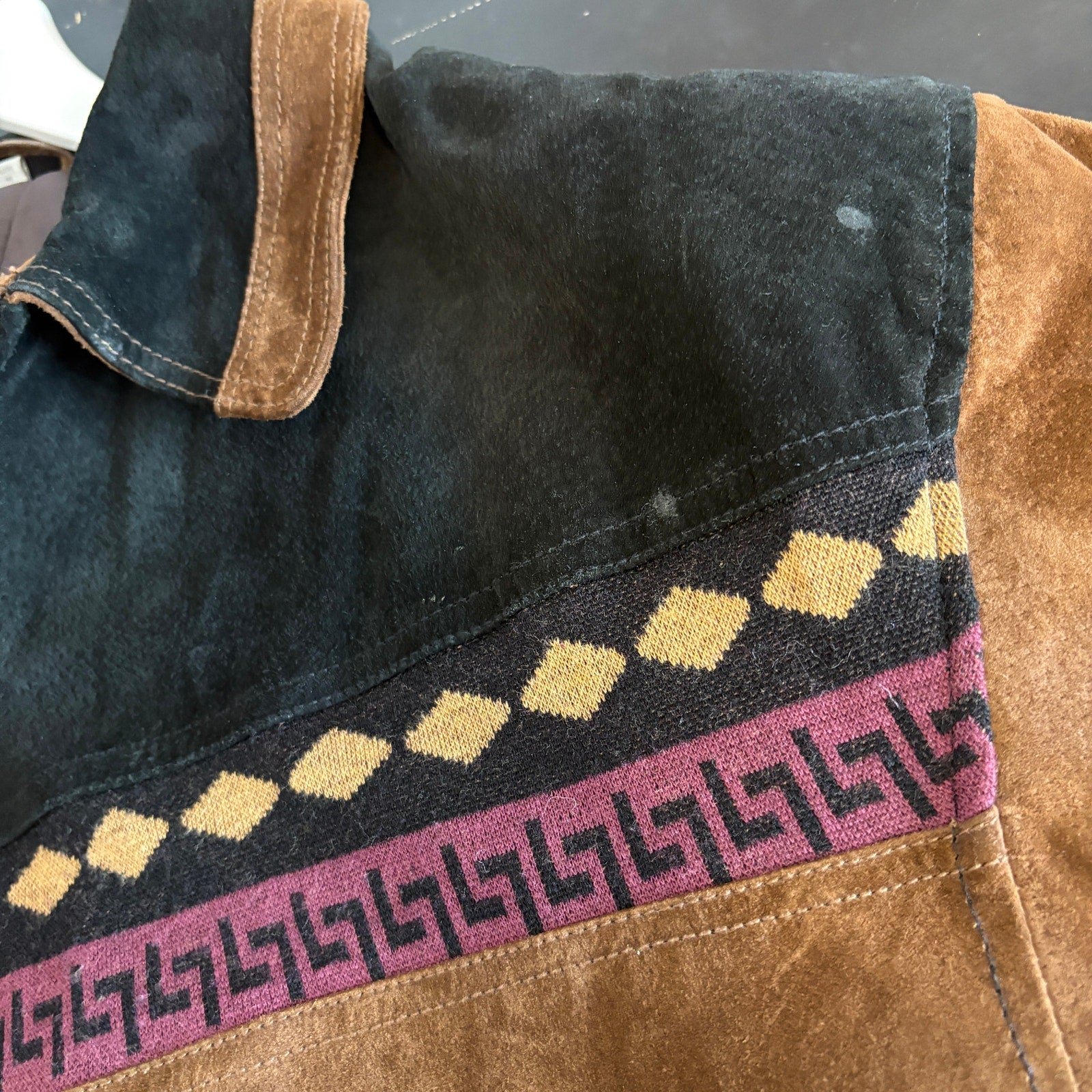 Vintage Leather Brand Two Tone Suede Geo Pattern Stripe Jacket - Men's Size XL